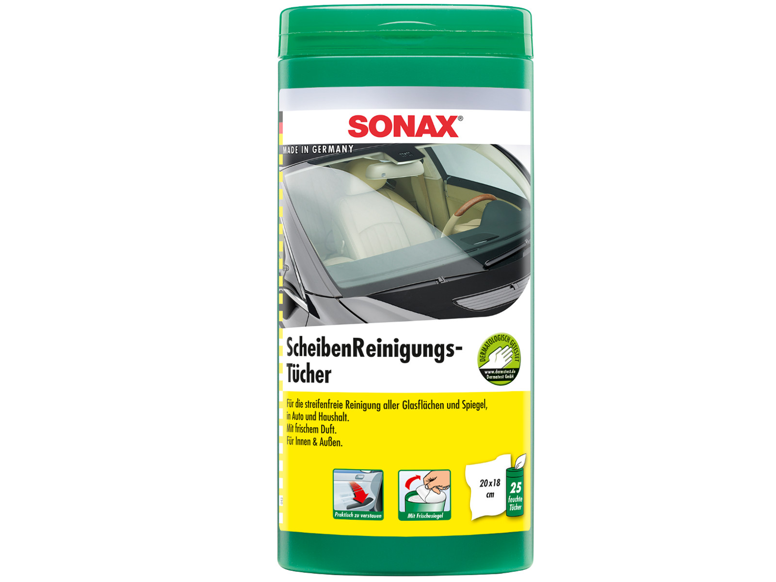 SONAX ScheibenReinigungsTücher PET-Dose, für Innen+Außen, 25 Feuchttücher, KFZ-Pflege, Pflegemittel